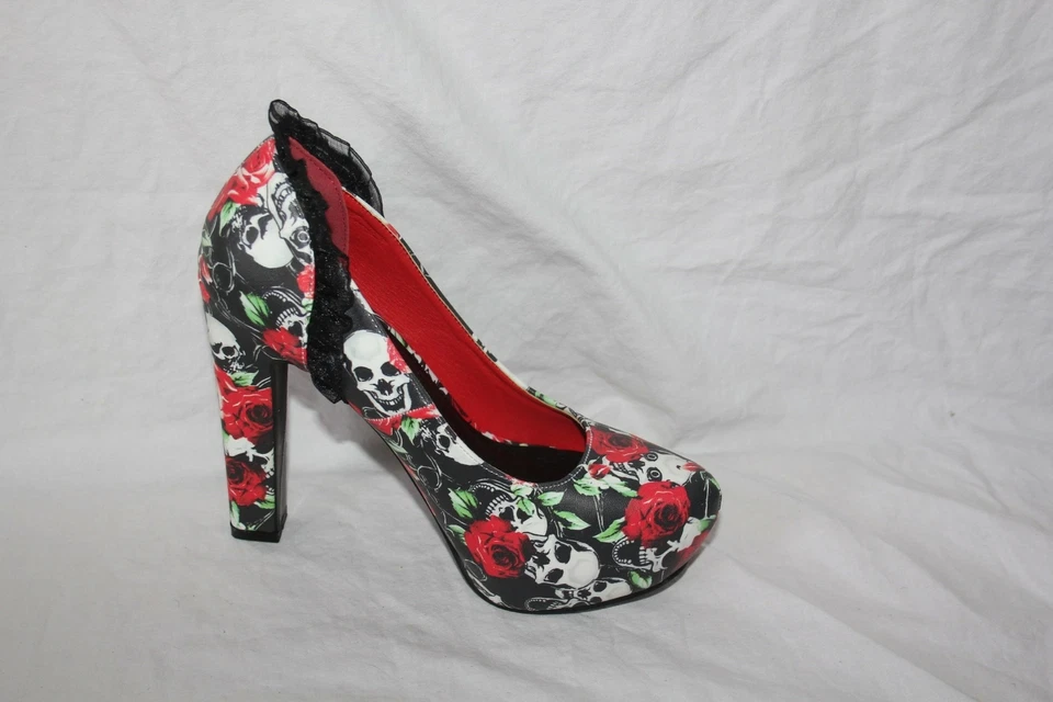 Chaussures Escarpin BANNED Glam Rock Rockabilly  Talon Flem  Skull Rose 38 FR - Photo 3/4