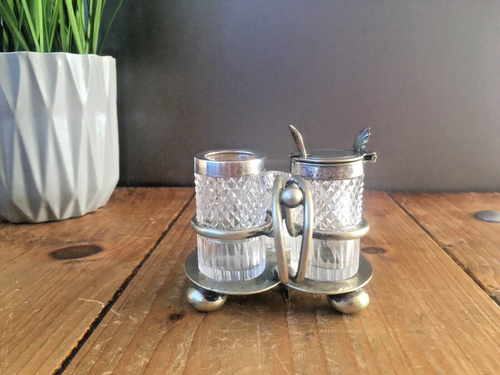 ANTIQUE ART NOUVEAU JOHN GRINSELL & SONS CRUET SET SILVER PLATE GLASS HEART TRAY - Picture 6 of 17
