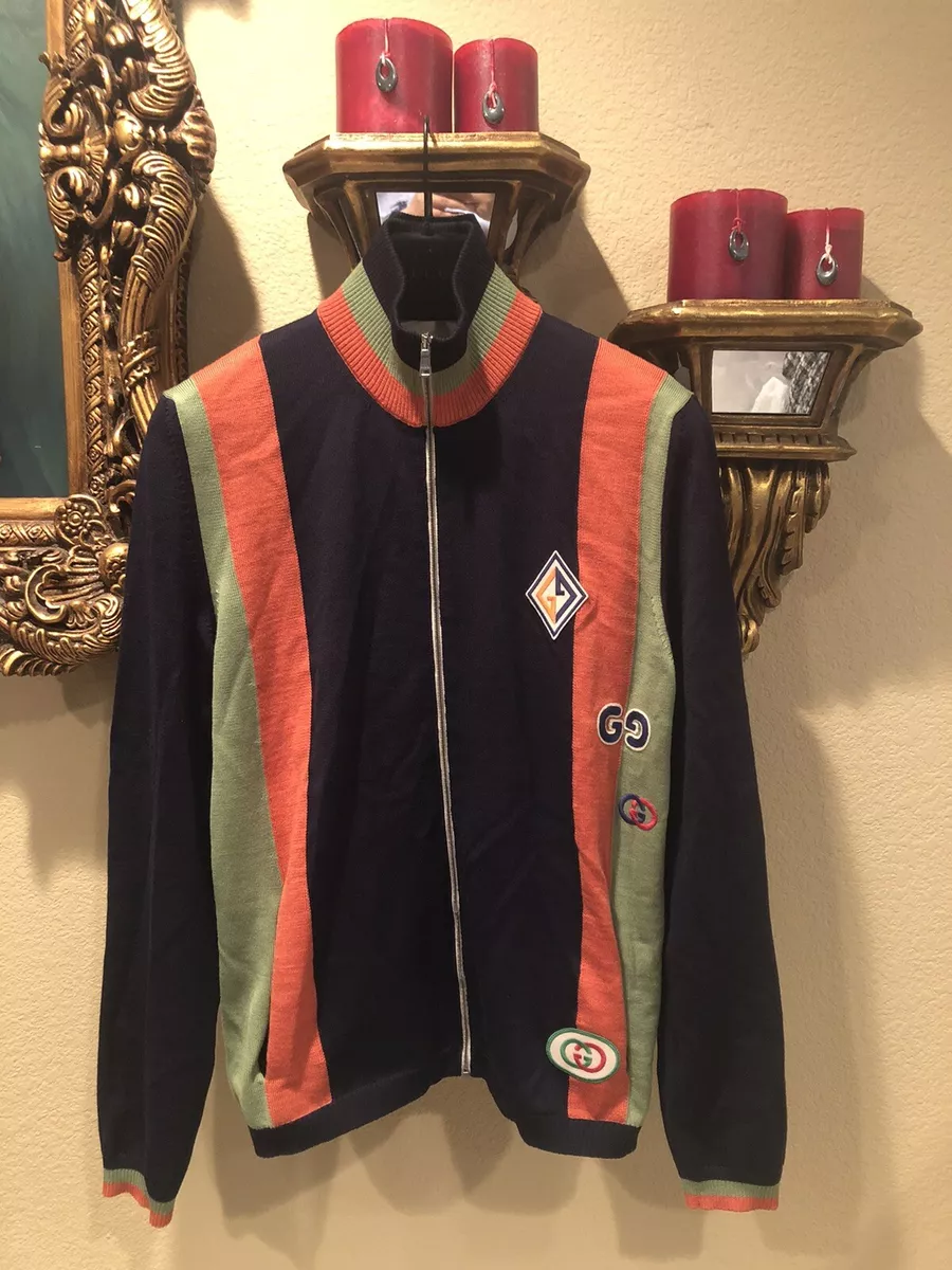 100 Authentic GUCCI Navy Orange Green Striped Wool Zip Up