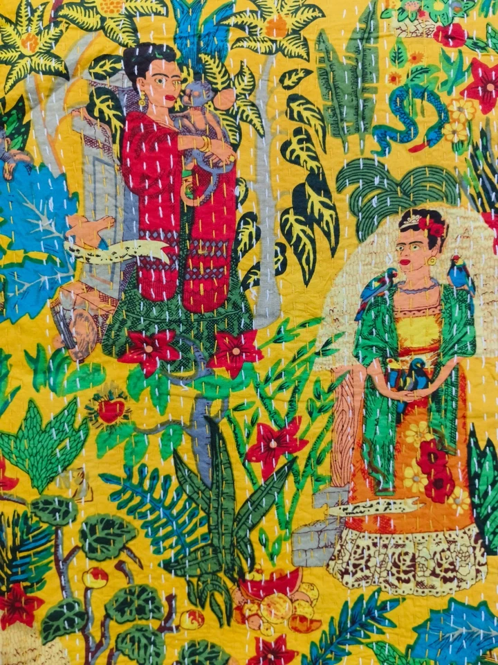 Manta acolchada kantha estampada Frida amarilla Rajasthani Gudari sábana Rali Foto 4 de 4