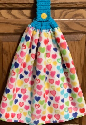 Double Hanging kitchen towel Valentine  Hearts crocheted blue top