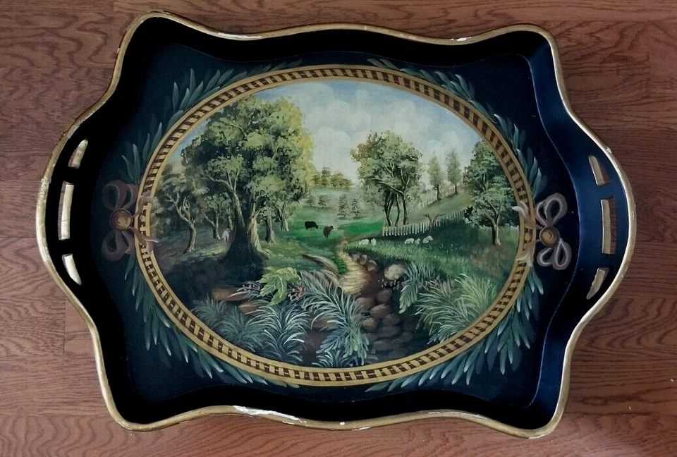 Jeanne Reed's Hand Painted Wood Serving Tray with Handles Butler Table 28x20x5 - Image 3 of 4
