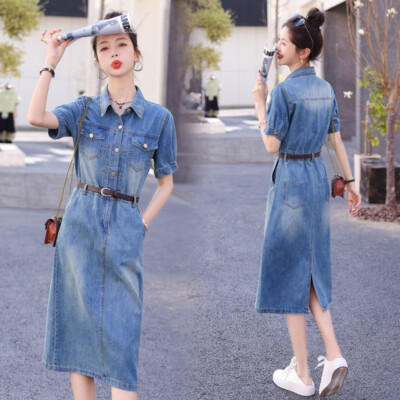 Women Short Sleeve Denim Dress Slim Waist Spring Autumn Medium Length Dress  | eBay