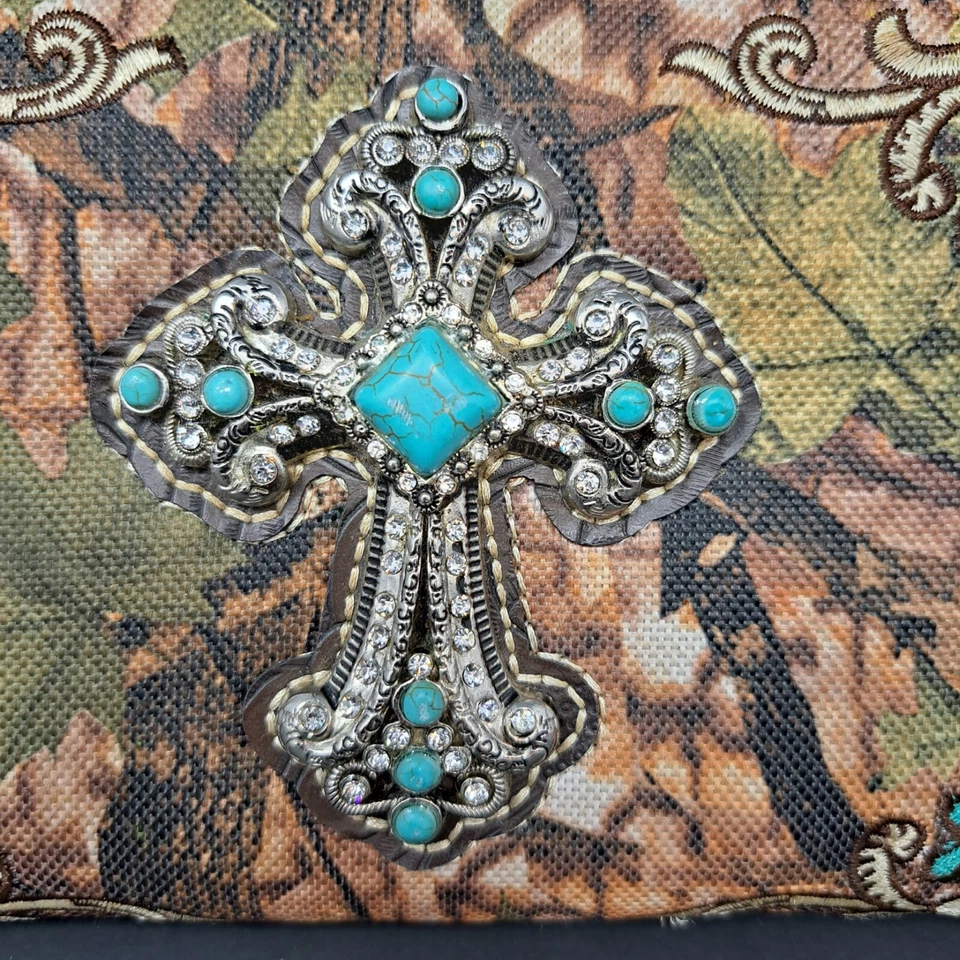 Montana West Brown Camo Leaves Embroidered Wallet Turquoise Colored Cross - Image 4 of 4