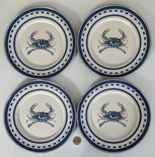 Set 4 Golden Rabbit Blue Crab Enamelware Salad Plates 8.5" Coastal Nautical