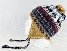 Colorful Soft Alpaca Chullo Beige Beanie Pom Pom Earflap Unisex Handmade Boho