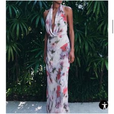 Zara Floral Print Halter Maxi Dress Cowl Neck Backless Blue Red XS NEW