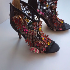 Betsey Johnson Women  s Black Mesh Floral Applique Open Toe Stiletto Sandals 6.5