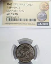 1863 - Civil War Token - NGC MS65 BN - Star of David - Draped Flags - F 189/399a