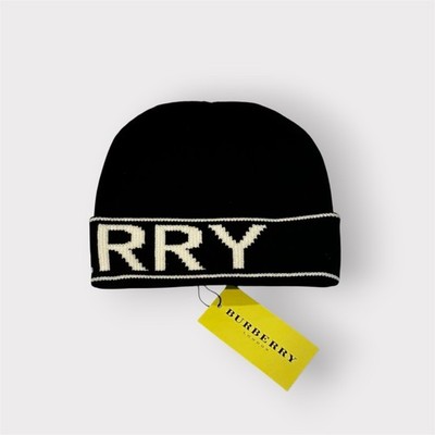Burberry Beanie Hat Black & White Cashmere Intarsia Knit One Size