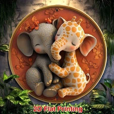 2D Flat, Aluminum Metal Flat Sign, Vintage Giraffe and Elephant Theme Round Wrea