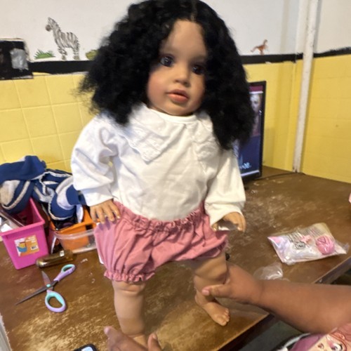 Curly Black Hair Girl Baby Doll with White Top and Pink Shorts Outfit vinyl 