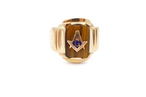 10k Yellow Gold Tigers Eye Masonic Ring Size 10.5