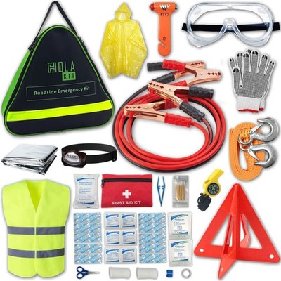 55 Pcs Car Emergency Roadside Kit Jumper Cables First Aid Safety Hammer Tow Rope