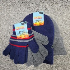 Heat Logic Hat Gloves Set Boys One Size Gray Blue Knit 2 Pack Stretch Winter