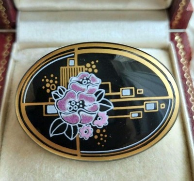 Michaela Frey Black Pink Floral Enamel Oval Brooch 3.5cm Used