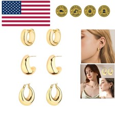 Gold Chunky Hoop Earrings Set for Women, 14K Gold Plated Twisted Huggie Hoop ...
