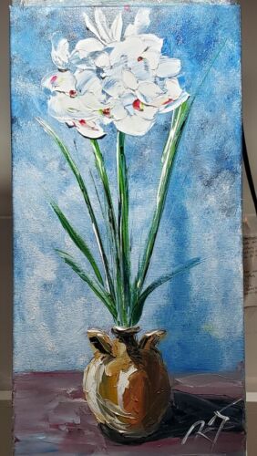 White Orchids. 10x20 oil on canvas by Roger Gelis .