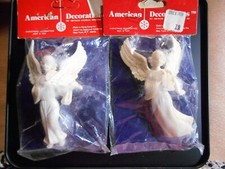 2 VTG Hard Plastic Angel Christmas Tree Ornaments Musical Instrument Hong Kong