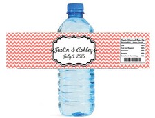 100 Chevron Coral Wedding Anniversary Engagement Party Water Bottle Labels 8"x2"