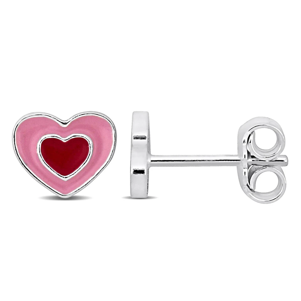 Aretes con corazón de plata de ley Amour esmaltado rosa