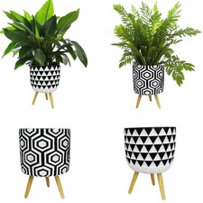 Modern Black & White Hexagon/Triangle Pattern Plant Pot 0n Legs - Indoor Planter