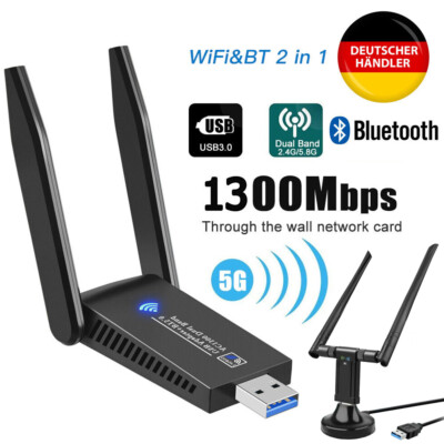 WIFI Adapter WLAN USB 3.0 Stick 1300/1200Mbps Dual-Band Dongle Antenne für PC DE
