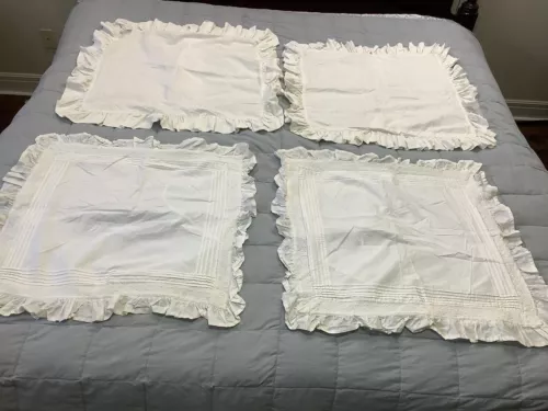 4 VINTAGE "PAPER WHITE" HAND EMBROIDERED & Pine Cone Hill Ruffled Euro Shams