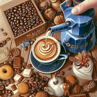 DIY Diamond Painting Vollbild Kaffee Motiv mit Tasse, Kanne Gebäck SonderSteine