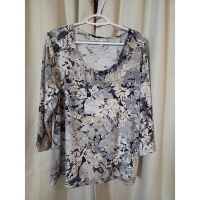 Croft & Barrow Floral Leaf Print Scoop Neck Top Grey Black XL 3/4 Sleeve