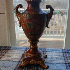 Hand Painted Floral Ceramic Urn with Gold Accents and Handles
