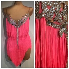 Latin Ballroom Dance Dress Hot Pink Fringe Crystal Rhinestones Competition