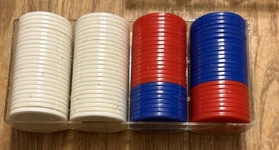 1970 s Set of 100  Poker Chips Red White Blue In Original Plastic Container