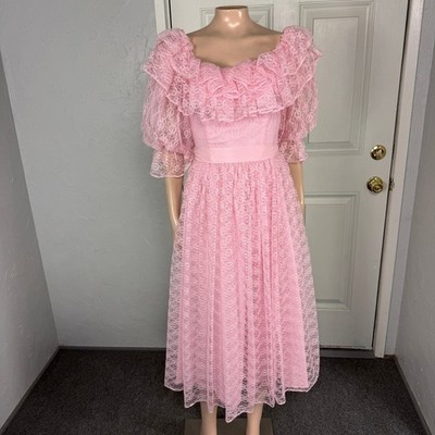 Vintage 70s 80s Roberta Women's Dress 5/6 Puff Sleeve Ruffle Prom Formal Lace T1
