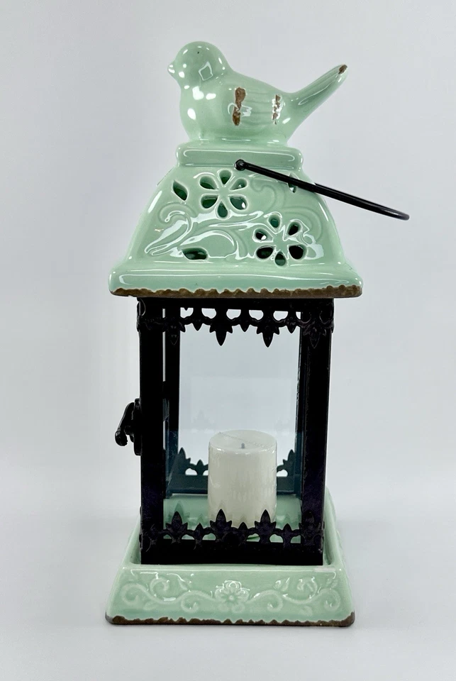 Candelabro linterna de pájaro de cerámica verde como nuevo rústico decoración de casa de campo ☼ Foto 4 de 4