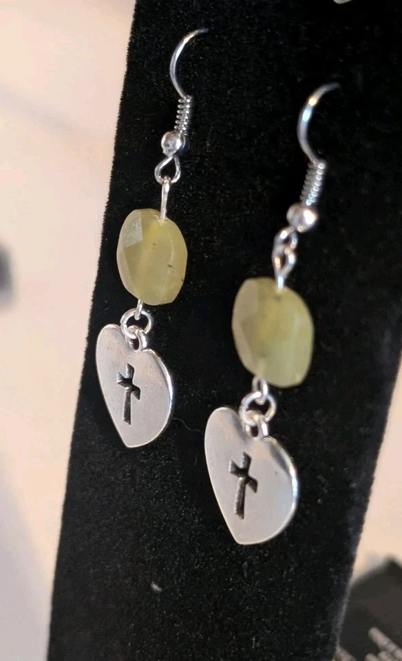Handmade Square Natural Green Jade Gemstone Earrings With Heart/Cross Charm - Image 2 of 3