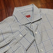 ISAIA NAPOLI Shirt 17 43 Men Blue Gray Check Plaid Dress Button Up Long Sleeve