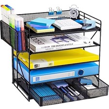 Desk Organizer with Mesh File Holder, Paper Letter Tray with 5 Tier KPD Black