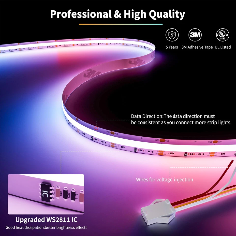 RGB Smart IC COB LED Strip Light Addressable 24ft/7.5m,720LEDs/m UL-Listed 24... - Image 2 of 4