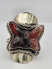 Handmade Butterfly Ring Alpaca Silver Red Glass Inlay Adjustable Artisan Jewelry