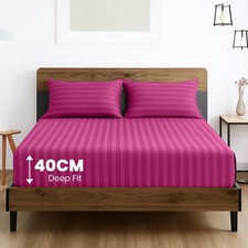 Pack of 2 Stripe Fitted Sheet 40CM Extra Deep Single Double King Size Bed Sheets