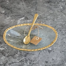 2 pc "Mud Pie" Gold Trimmed Small Clear Glass Serving Dish With Gold Spoon (EB1)