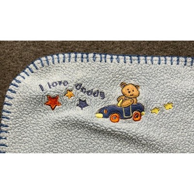Baby Connection Blue Fleece Blanket I Love Daddy Teddy Bear Car Whipstitch Edge