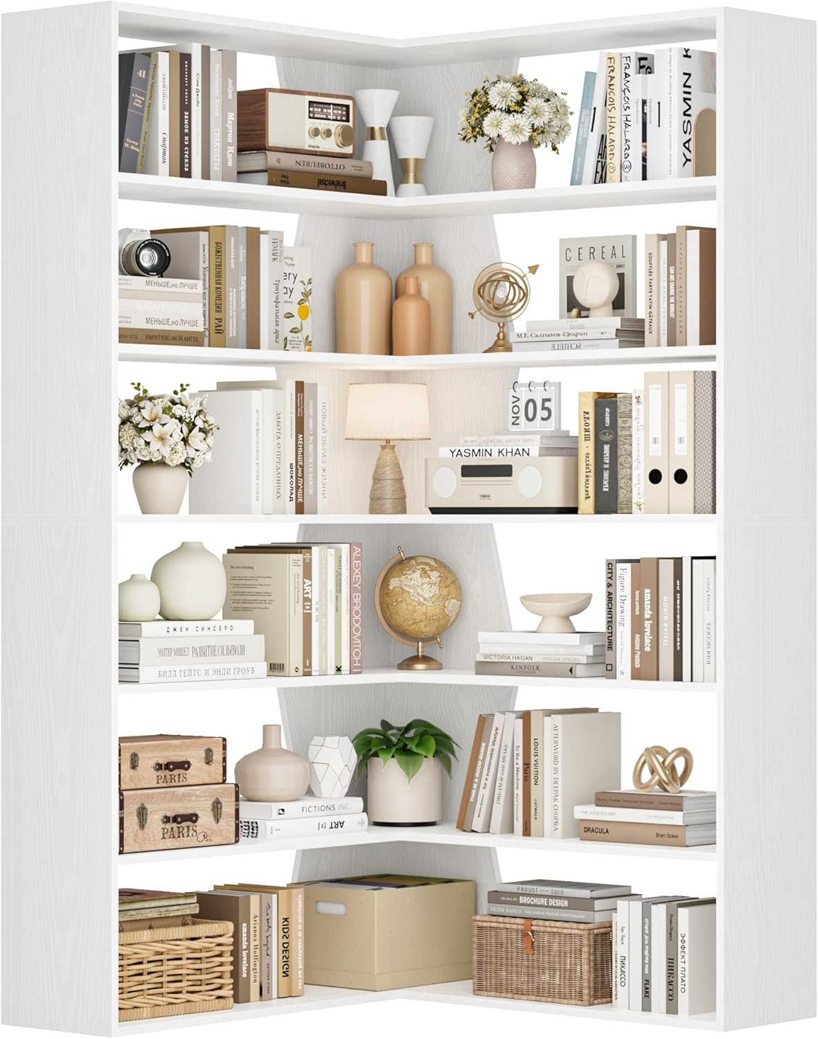 Corner Bookcase 190cm 6 Tier L Shaped Shelves Space Saving Display White Wood