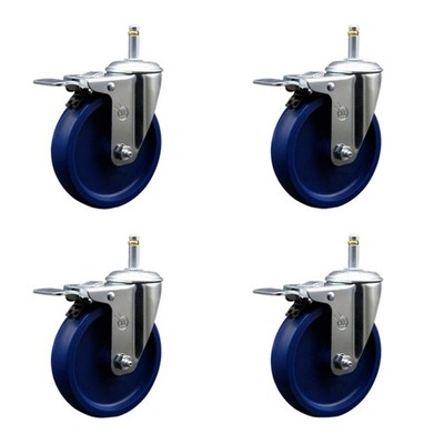 5 Inch Solid Polyurethane Swivel 7/16 Inch Stem Caster Set with Total Lock Brake