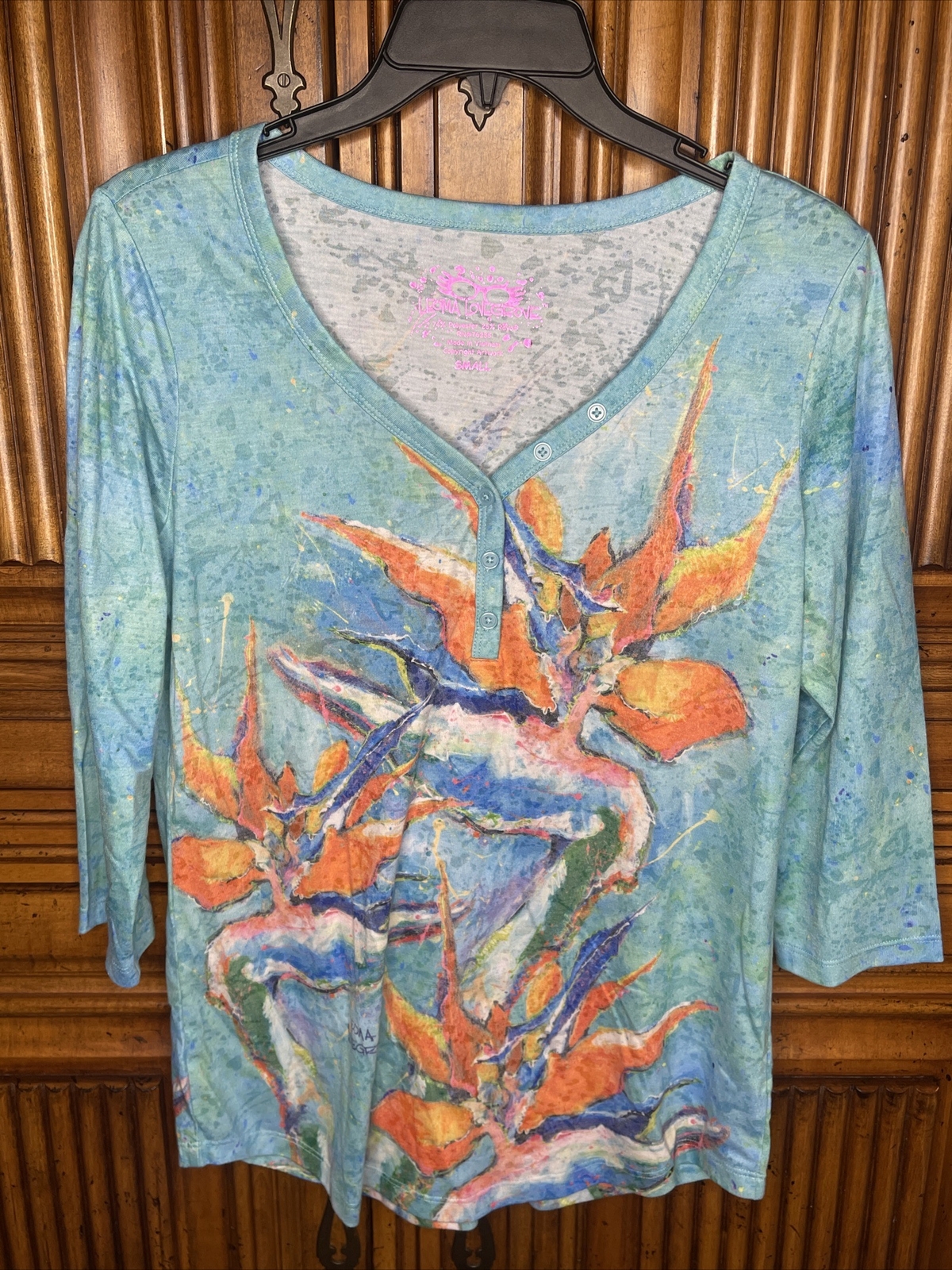 Leoma Lovegrove Womens Top Small Blue Bird of Paradise Button Henley
