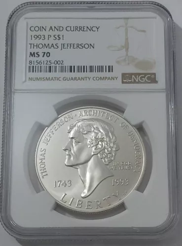 1993 P $1 NGC MS70 THOMAS JEFFERSON 90% SILVER COMMEMORATIVE COIN & CURRENCY SET