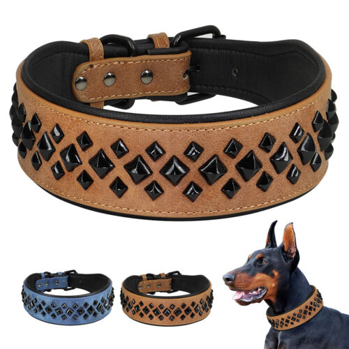 Wide Rivets Studded Leather Dog Collar Adjustable Heavy Duty For Dog Rottweiler - Picture 1 of 20