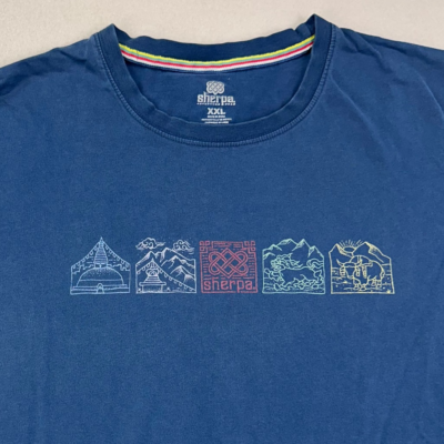 Sherpa Adventure Gear T-Shirt Mens XXL Blue Organic Cotton Graphic