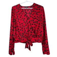 Express Blouse Size Small Floral Faux Wrap Tie Long Sleeve Red Black Polyester